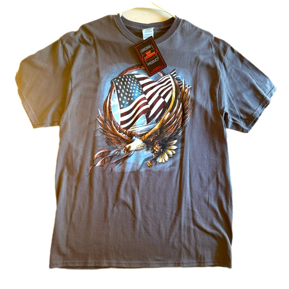 Brand New Mens Gray TShirt Sze Large Cotton American Eagle American Flag Feather
